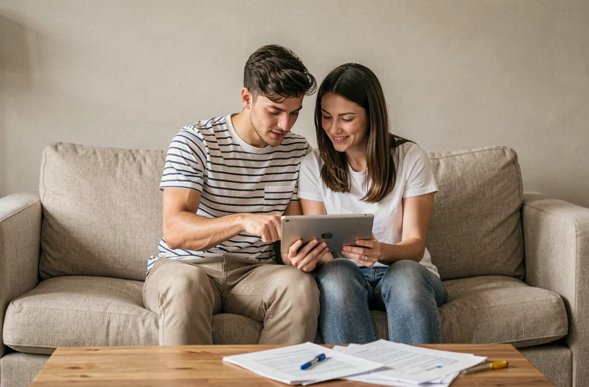Couple consultant ensemble les options et services de leur compte LCL sur une tablette dans leur salon