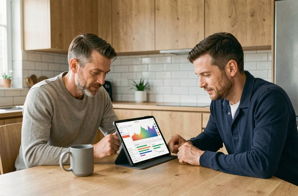 Couple consultant un tableau de bord SCPI sur tablette dans une cuisine moderne