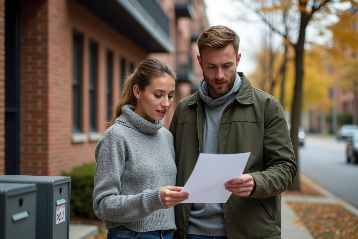 Un couple examine un document fiscal relatif à leur bien immobilier devant un immeuble résidentiel urbain