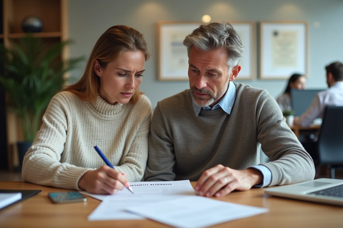 Un couple en réunion avec un conseiller financier pour discuter d'un plan d'étalement de leurs dettes