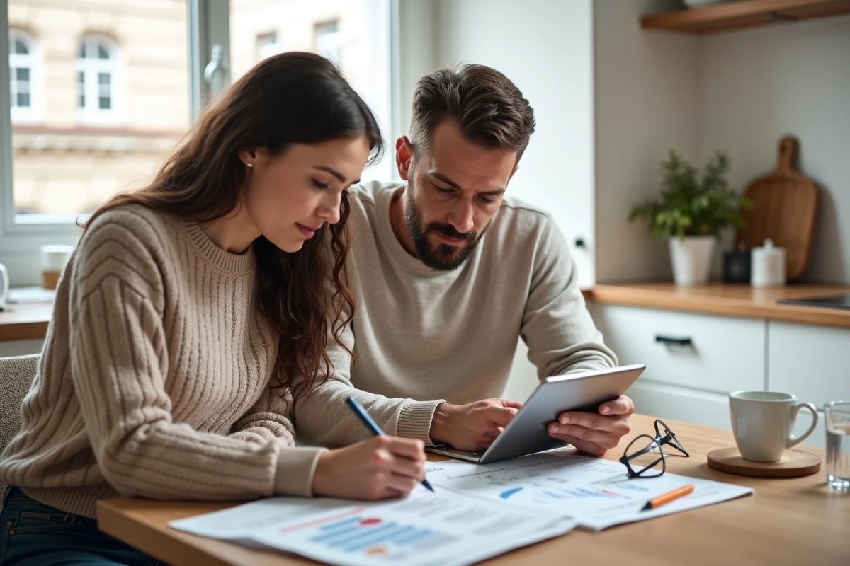 Couple étudiant ensemble la rentabilité d'un investissement locatif sur tablette