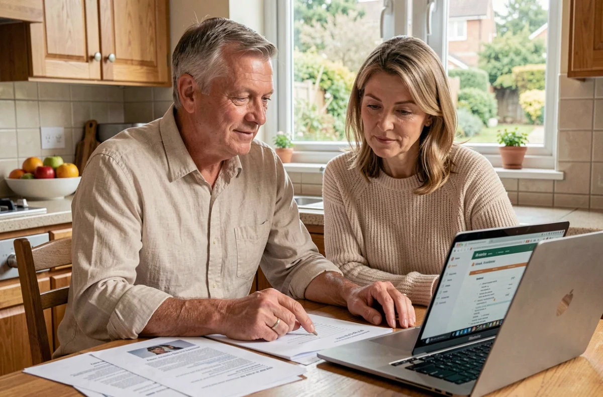 Couple de particuliers étudiant des SCPI à domicile pour préparer leur investissement immobilier