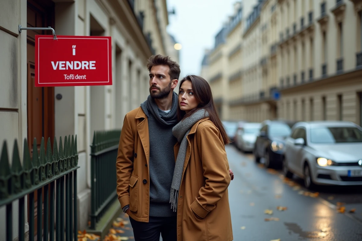 Couple devant un immeuble parisien avec panneau de vente et réduction de prix affichée