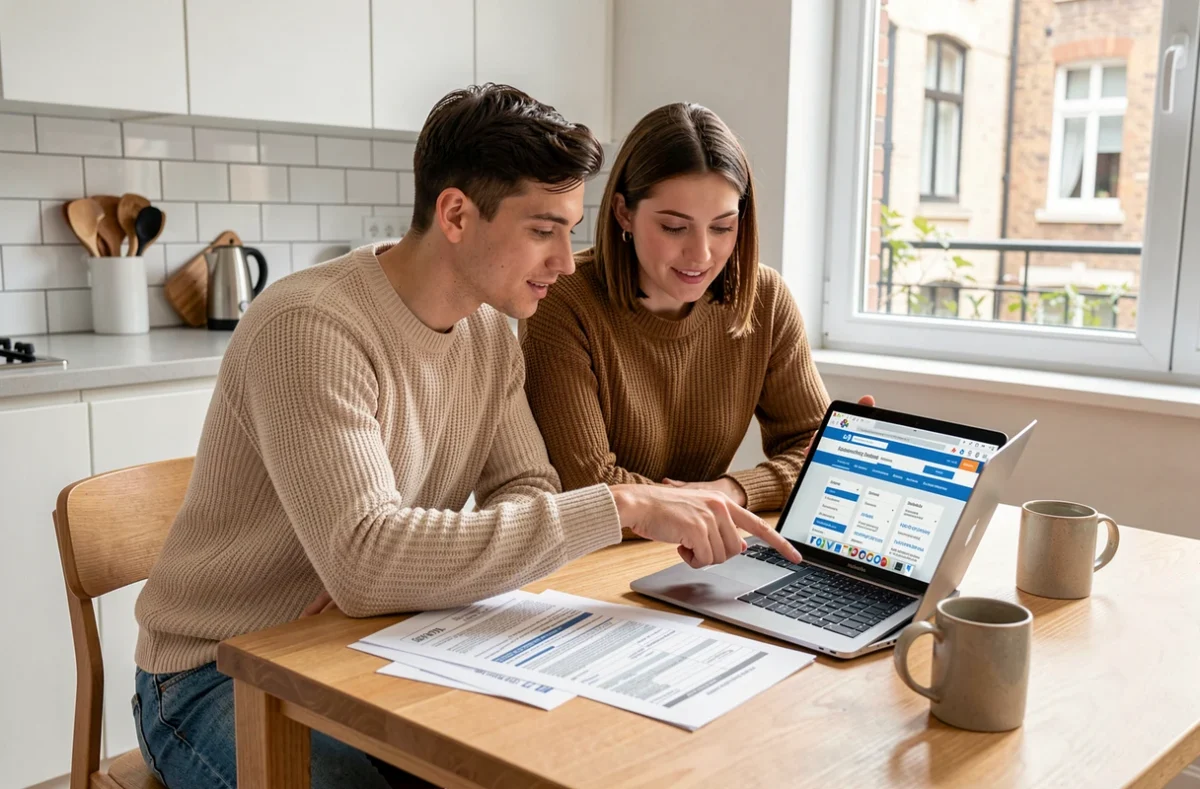 Couple de locataires comparant des offres d'assurance loyer impayé sur ordinateur portable