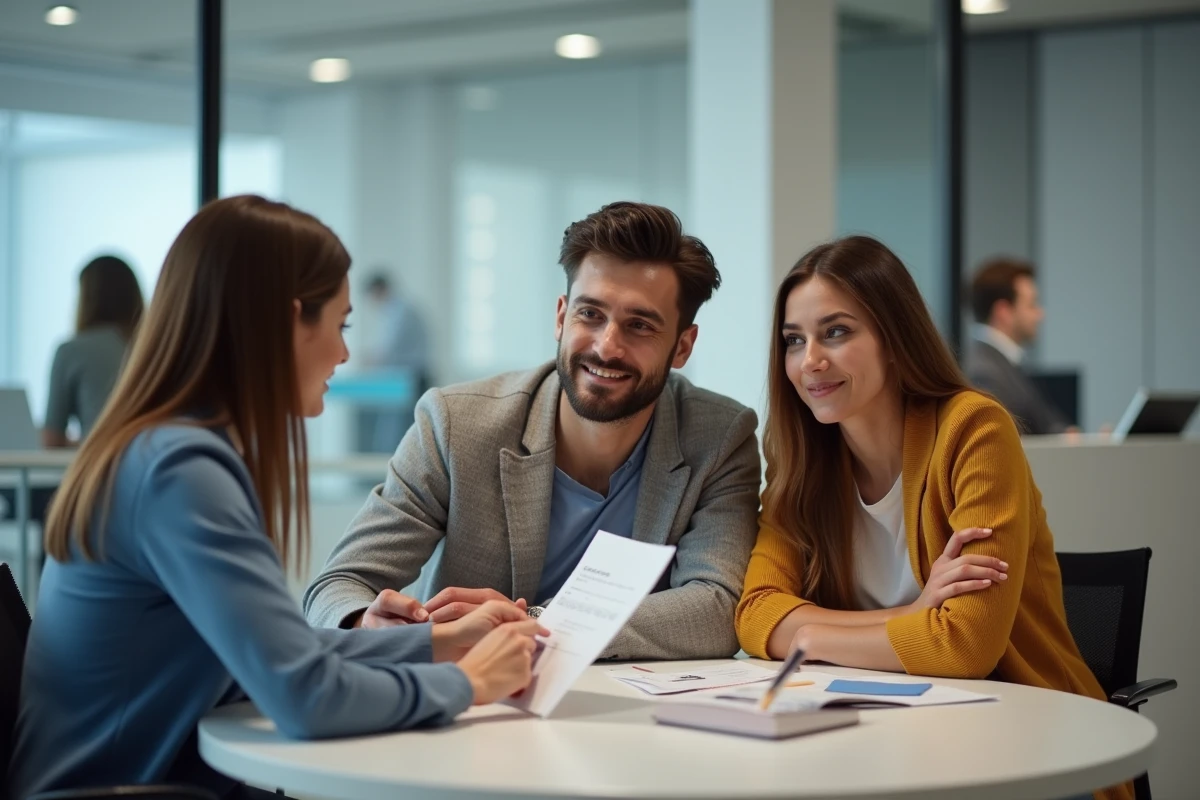 Un couple de trentenaires consulte une conseillère bancaire pour négocier le taux d'intérêt de leur prêt immobilier en agence