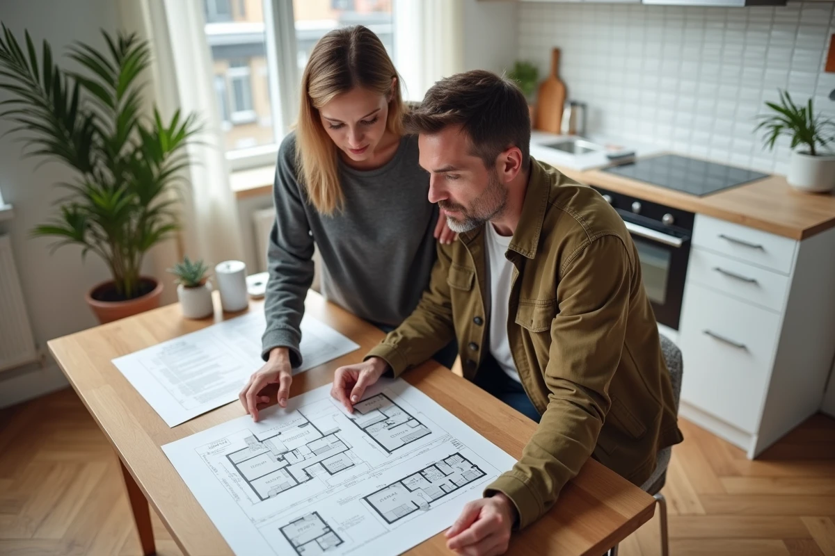 Couple examinant des plans d'appartement sur une table en bois dans un intérieur moderne pour un projet immobilier