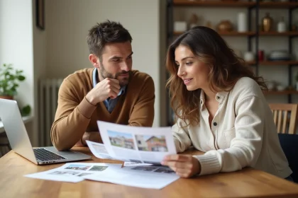 Couple examinant des documents de prêt relai immobilier sur une table en bois dans un appartement moderne