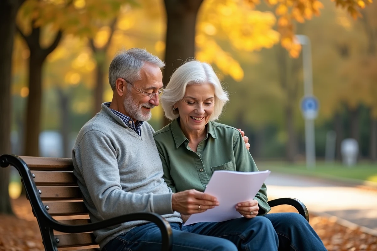 Couple de retraités de 60 ans assis sur un banc dans un parc en automne, consultant ensemble un document sur les conditions de la retraite anticipée