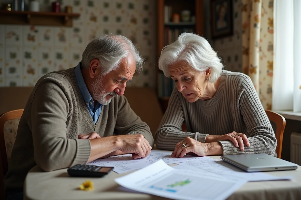 Couple de retraités étudiant ensemble leur budget mensuel et leurs relevés de pension à domicile