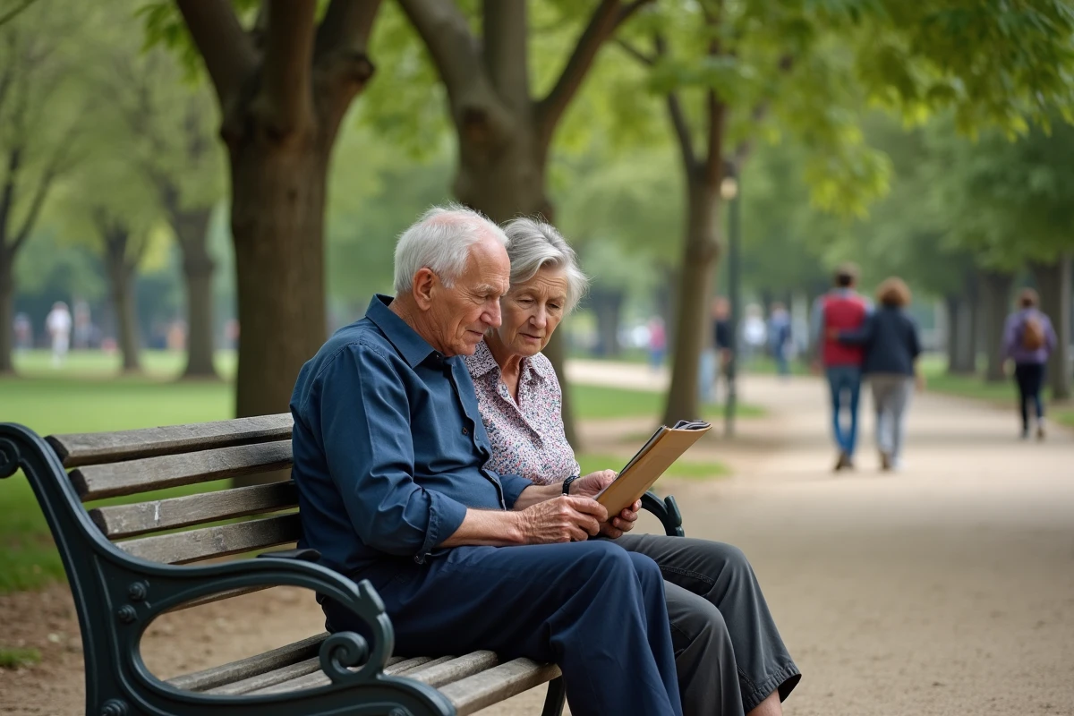 Couple de retraités discutant des droits à la pension de réversion dans un parc public