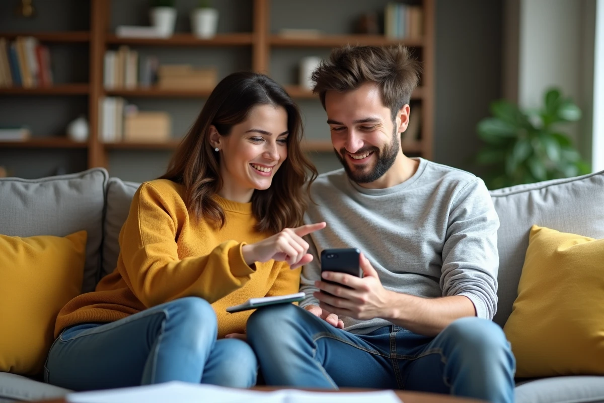 Couple simulant le remboursement d'un prêt de 15000 euros sur 5 ans depuis leur salon