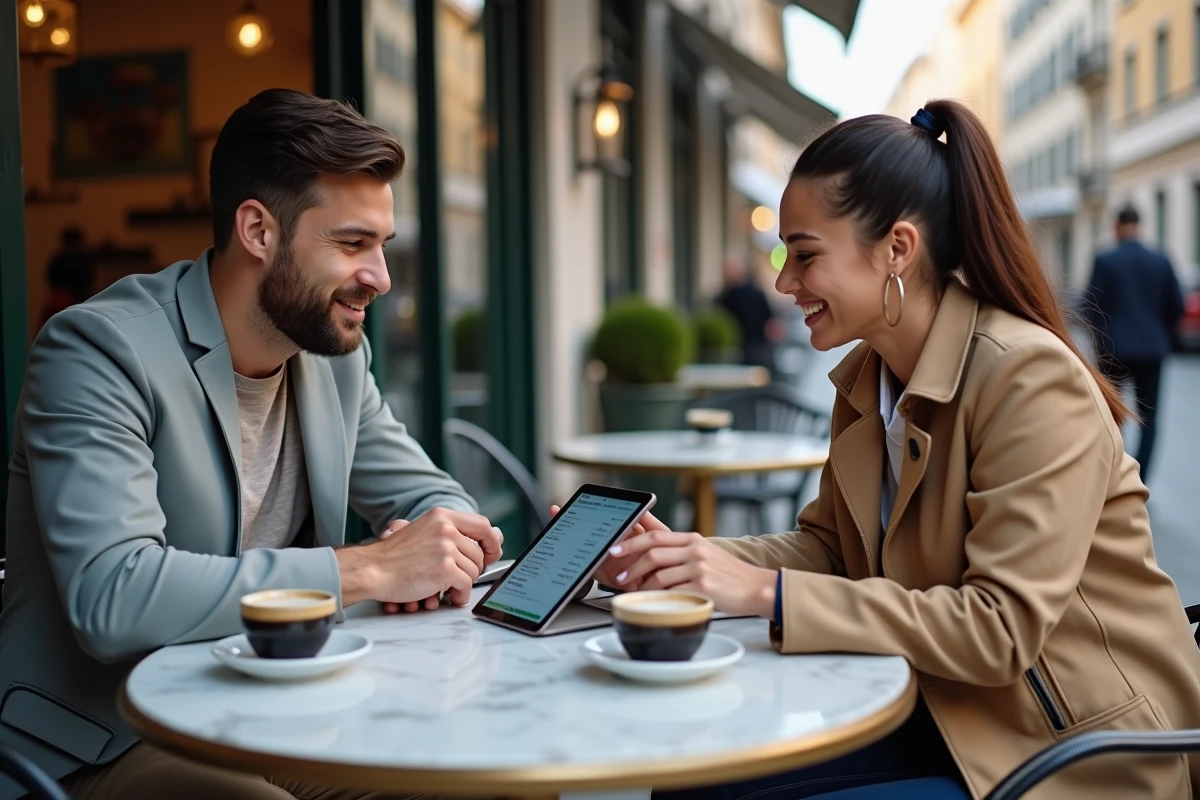 Couple discutant d'un virement bancaire sans frais autour d'une tablette dans un café urbain