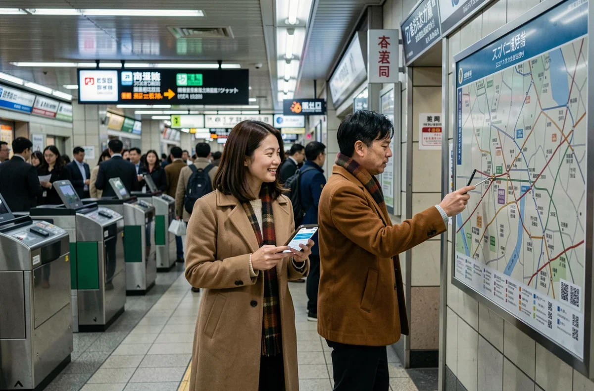 Couple de voyageurs consultant une application d'assurance voyage dans la gare de Shinjuku à Tokyo