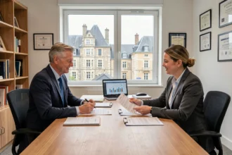 Courtier en crédit immobilier dans le Calvados conseillant des clients dans un bureau professionnel moderne avec vue sur Caen