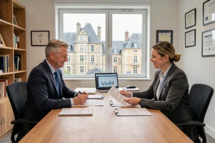 Courtier en crédit immobilier dans le Calvados conseillant des clients dans un bureau professionnel moderne avec vue sur Caen