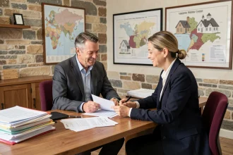 Consultation entre un courtier immobilier et un couple dans un bureau professionnel de l'Yonne