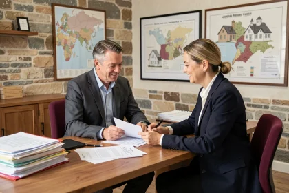Consultation entre un courtier immobilier et un couple dans un bureau professionnel de l'Yonne