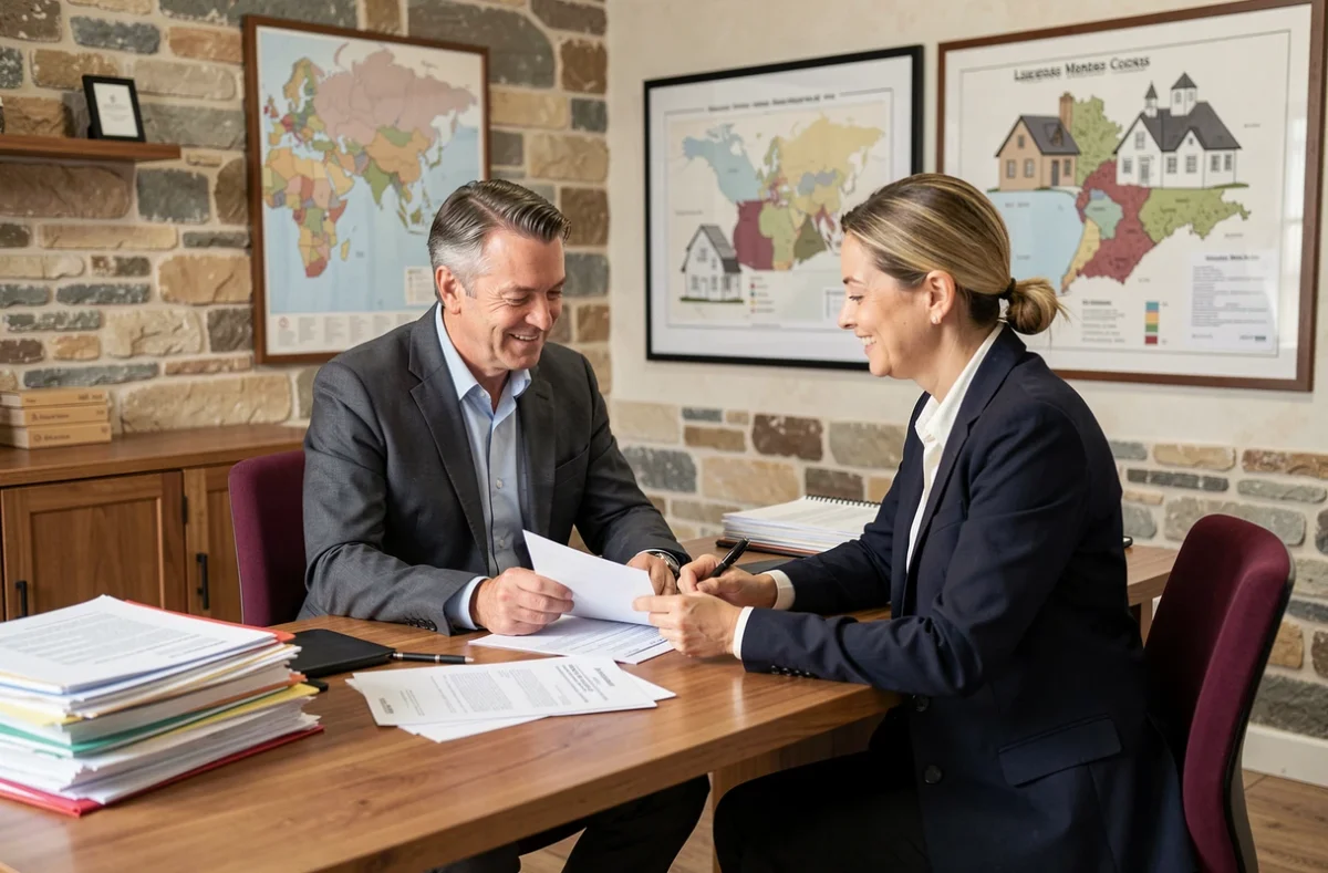 Consultation entre un courtier immobilier et un couple dans un bureau professionnel de l'Yonne