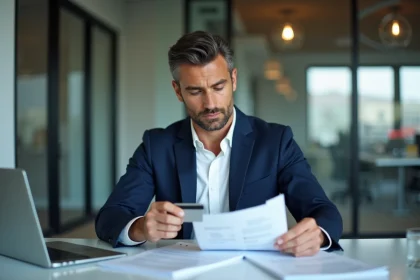 Homme d'affaires tenant une carte de crédit premium en consultant des documents financiers dans un bureau moderne