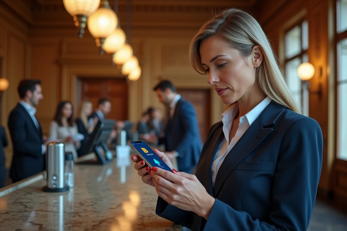 Femme en costume tenant un portefeuille numérique de cryptomonnaie devant un comptoir de banque traditionnelle