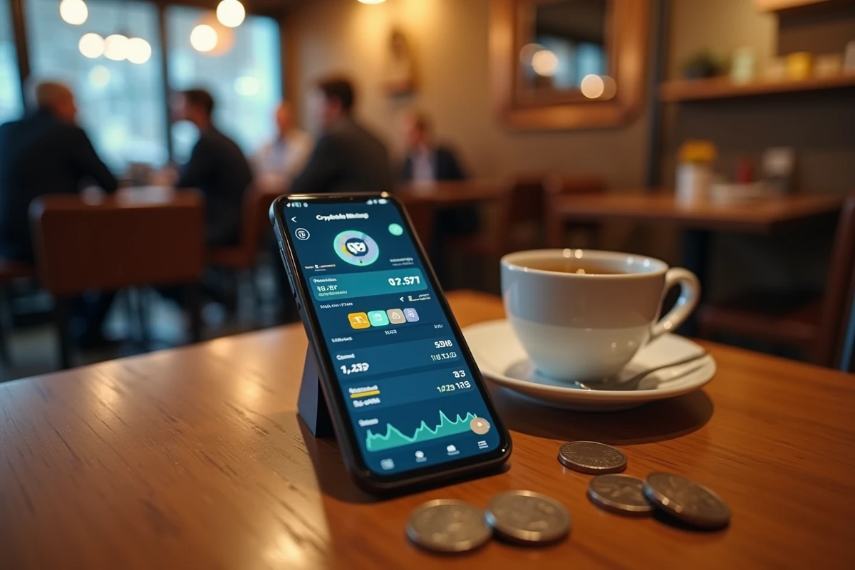Smartphone posé sur une table de café affichant un tableau de bord de minage de cryptomonnaie mobile