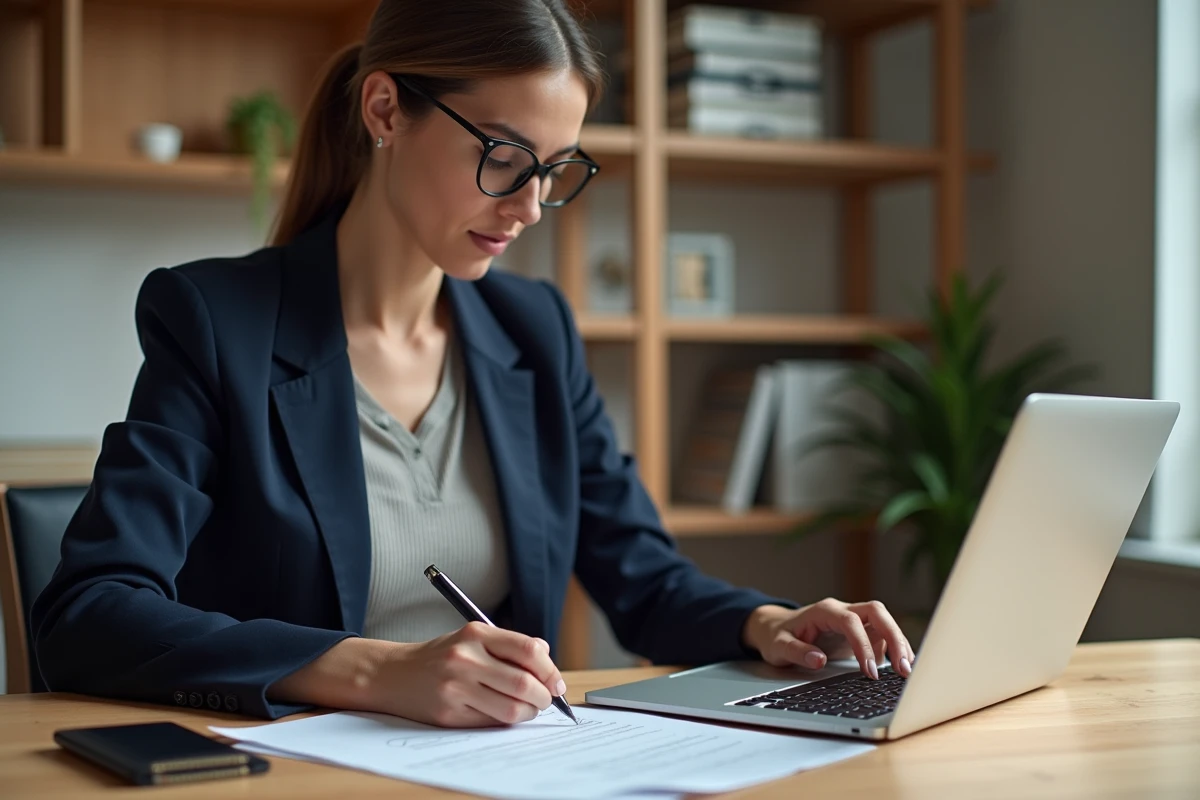 Femme déclarant ses revenus en cryptomonnaies sur sa déclaration fiscale depuis son bureau à domicile