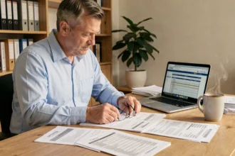 Homme consultant des documents fiscaux et relevés SCPI à son bureau à domicile lors de la déclaration d'impôts