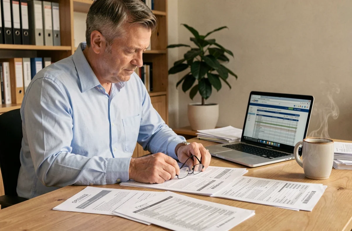 Homme consultant des documents fiscaux et relevés SCPI à son bureau à domicile lors de la déclaration d'impôts