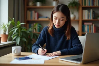 Jeune femme remplissant un formulaire de demande de carte de réduction à son bureau à domicile