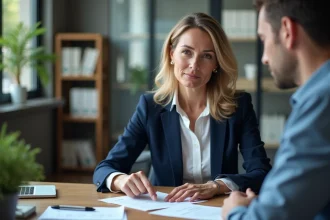 Femme discutant d'une demande d'effacement de dette avec un conseiller financier dans un bureau professionnel