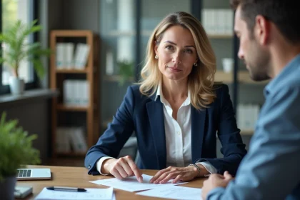 Femme discutant d'une demande d'effacement de dette avec un conseiller financier dans un bureau professionnel
