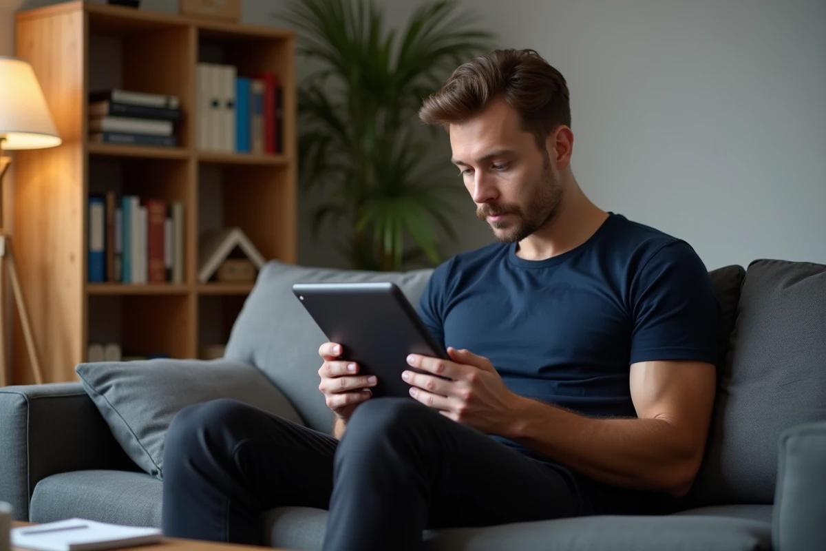 Jeune homme en situation de chômage remplissant une demande de prime d'activité sur tablette chez lui