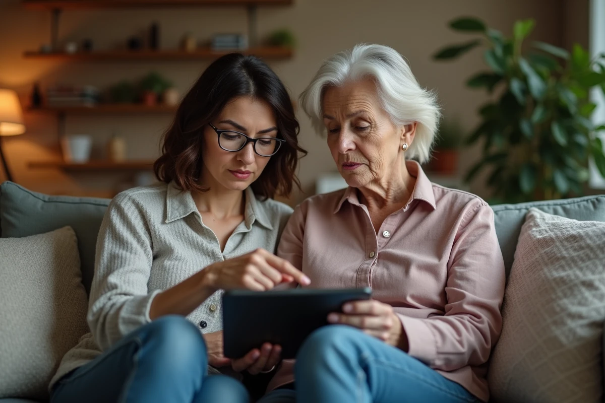 Deux femmes analysant ensemble une campagne GoFundMe sur une tablette dans un salon, illustrant la méfiance et les questions de sécurité sur les plateformes de dons