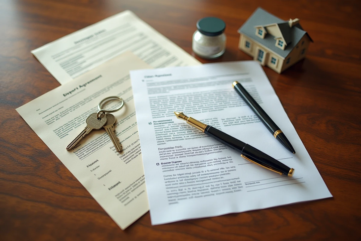 Documents de transaction immobilière avec clés de maison et stylo plume sur une table en bois