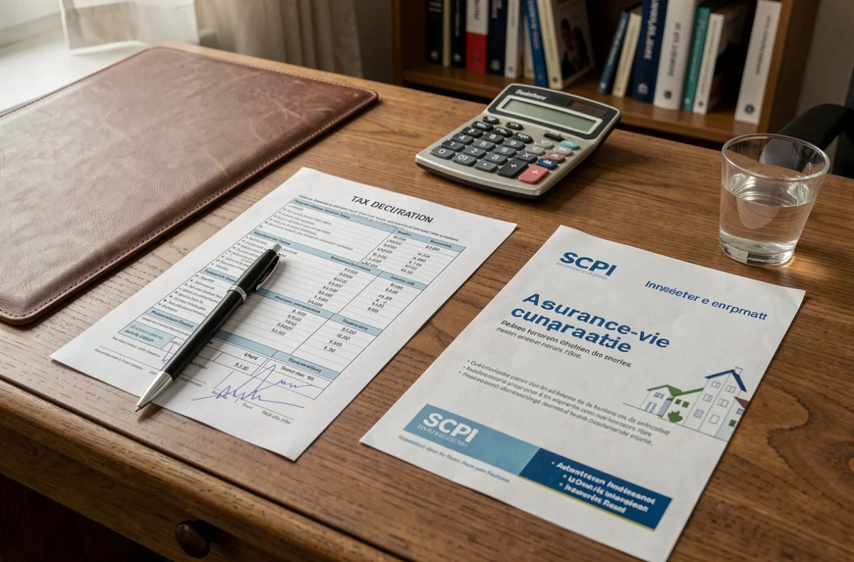 Documents fiscaux SCPI et formulaire de déclaration d'impôts pour une assurance-vie sur un bureau de comptable
