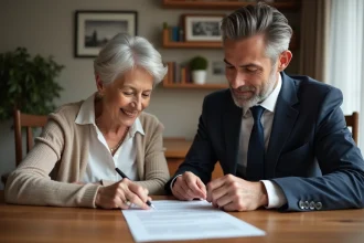 Une femme âgée signe un acte notarié pour la transmission de sa maison à ses enfants