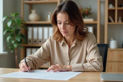 Femme consultant un document de garantie légale à son bureau à domicile