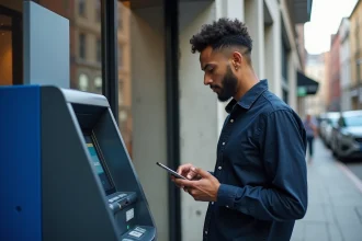 Homme utilisant un distributeur Bitcoin en ville pour convertir des cryptomonnaies en argent liquide