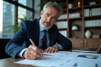 Économiste en costume analysant des graphiques de taux d'intérêt sur son bureau en 2026