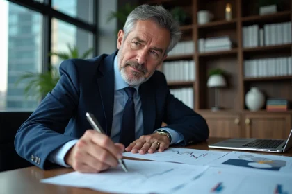 Économiste en costume analysant des graphiques de taux d'intérêt sur son bureau en 2026