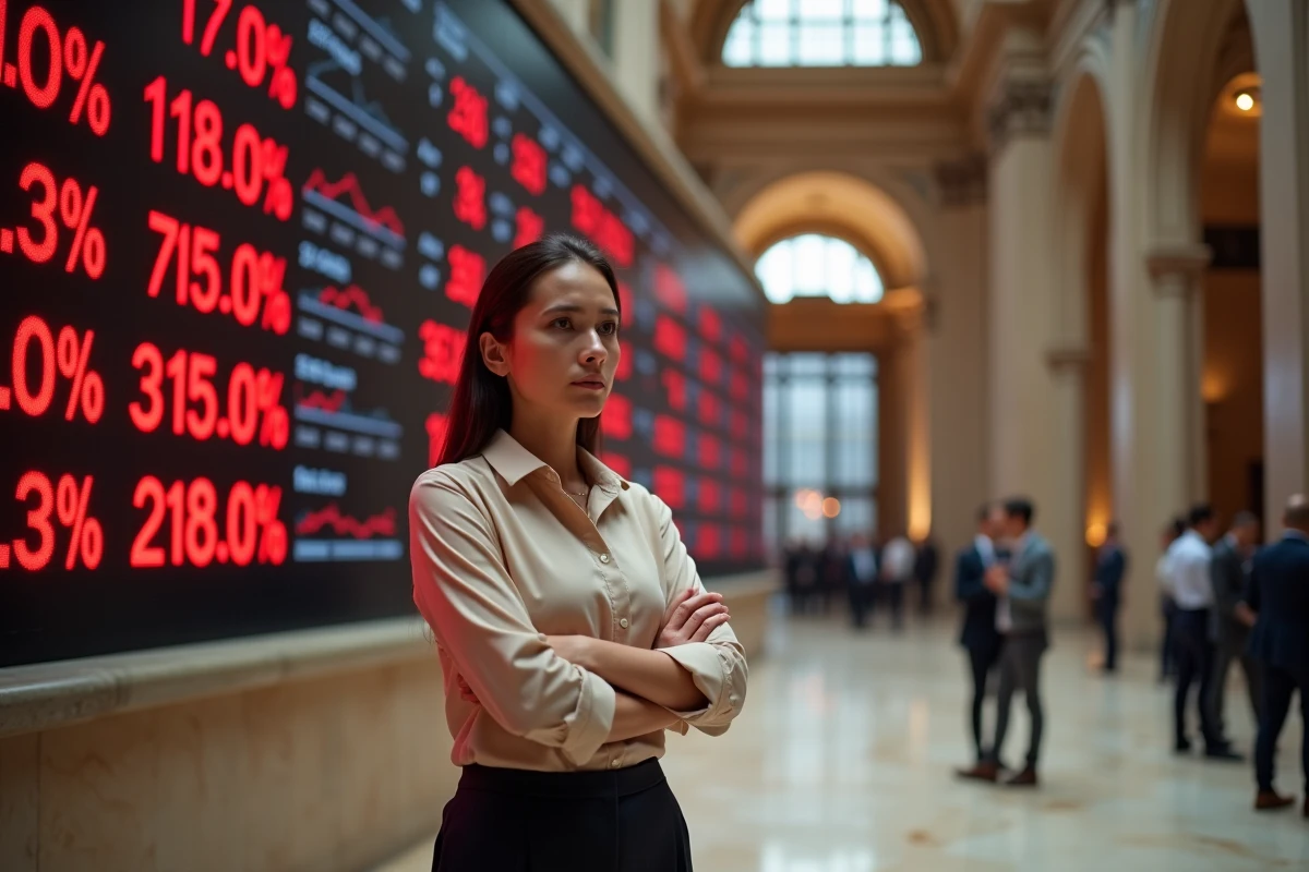 Femme d'affaires face à un tableau boursier affichant un effondrement des indices financiers