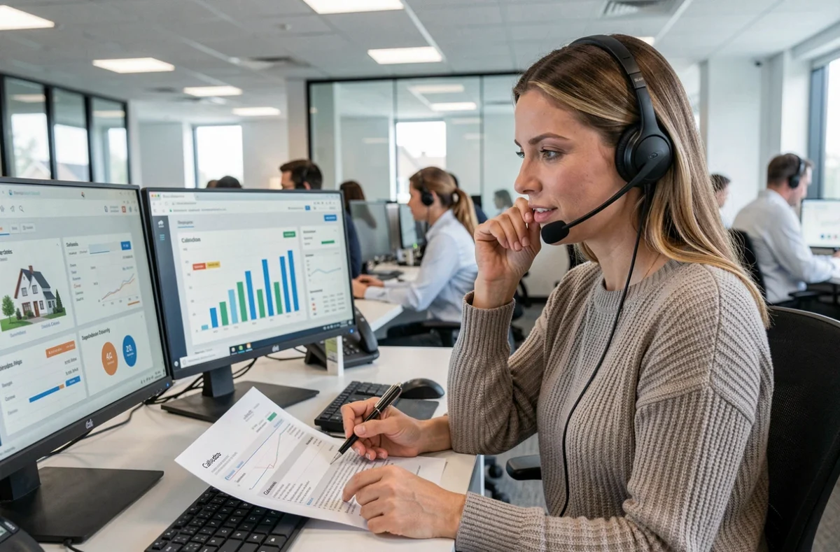 Conseillère Empruntis Calvados analysant des dossiers de crédit immobilier sur des écrans dans un bureau professionnel