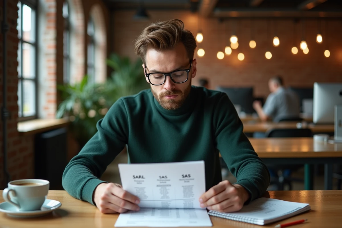 Jeune entrepreneur analysant un comparatif SARL versus SAS dans un espace de coworking