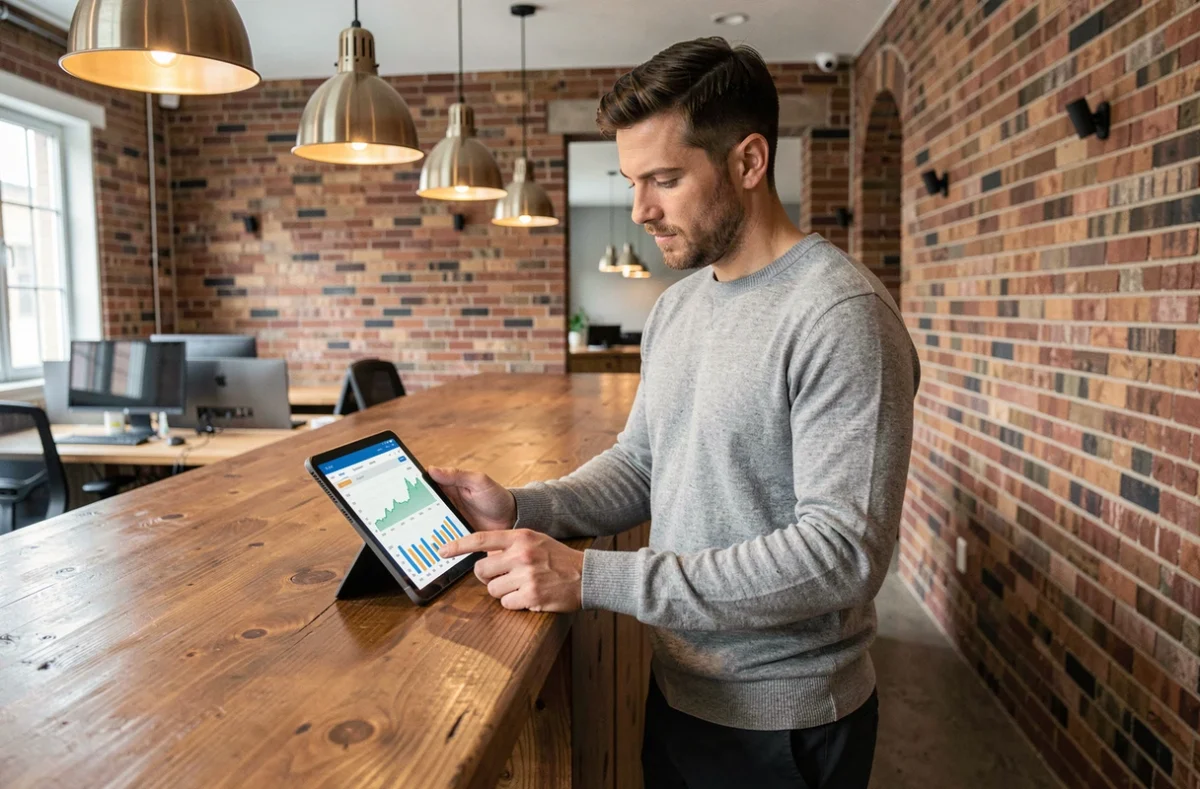 Entrepreneur consultant son application de paiement professionnel sur tablette dans un espace de coworking moderne