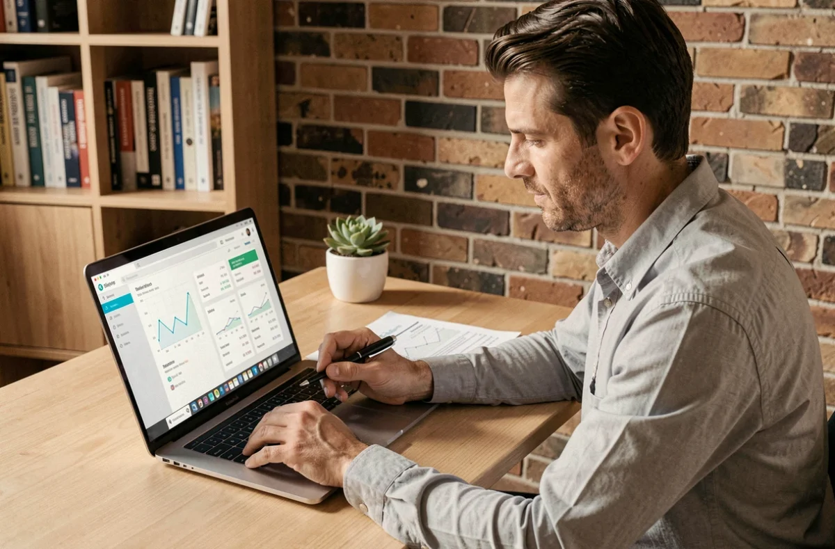 Entrepreneur consultant gérant ses comptes professionnels CIC depuis un bureau à domicile