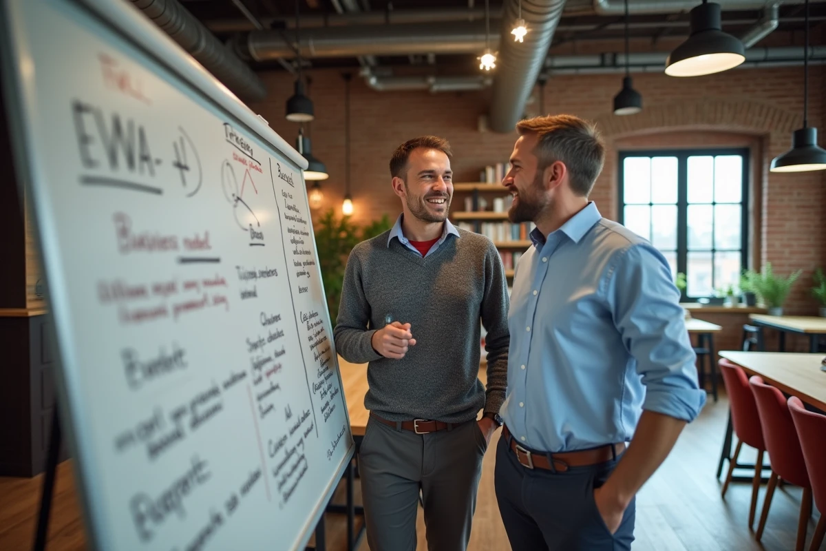 Deux entrepreneurs discutant des avantages comparatifs entre SAS et SARL dans un espace de coworking