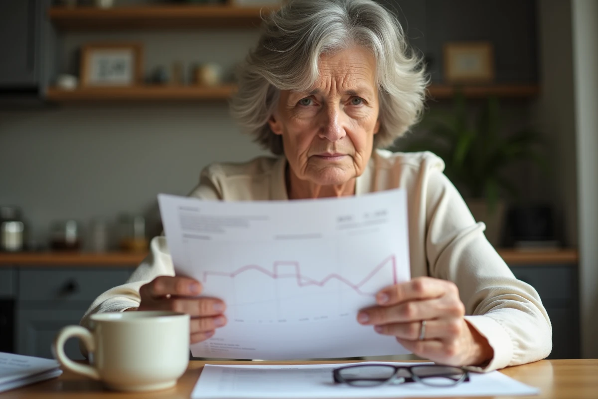 Femme épargnante consultant ses relevés de fonds en euros en baisse à son domicile