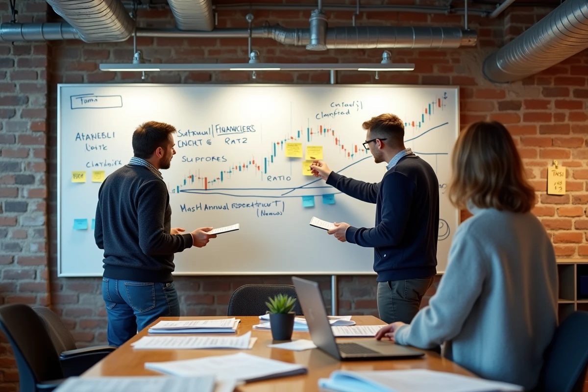 Équipe de professionnels analysant des tendances boursières sur un tableau blanc dans un espace collaboratif