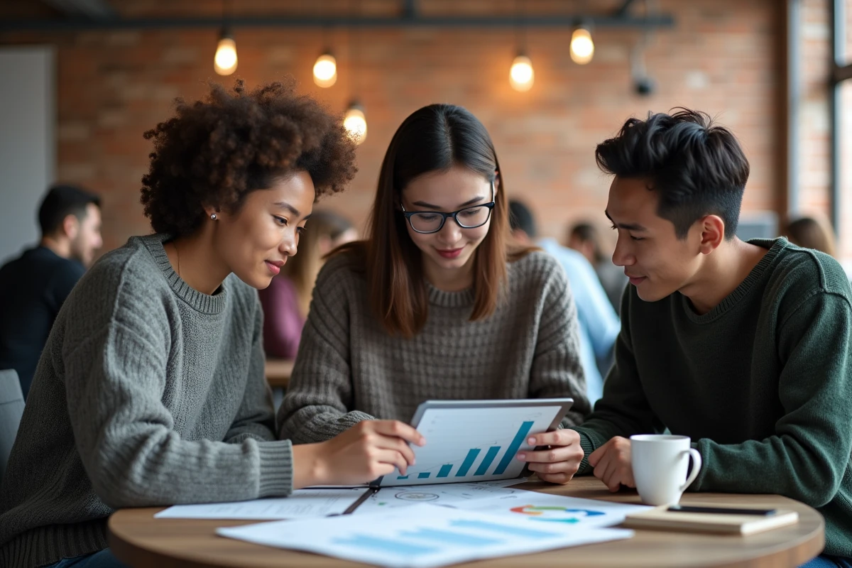 Jeunes professionnels collaborant autour de graphiques financiers dans un espace de coworking pour atteindre un objectif de 100 000 dollars