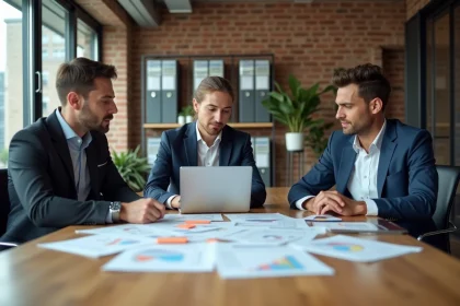 Une équipe de professionnels réunis autour d'une table de réunion moderne, discutant de la stratégie globale d'une entreprise